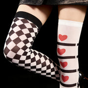 high ab sided heart checkerboard thigh high socks