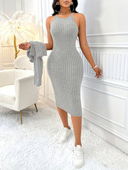 spring autumn fit solid color elegant womens dress set