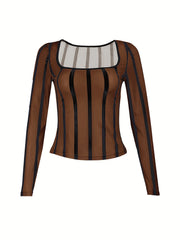 square neck clavicle vertical striped mesh t