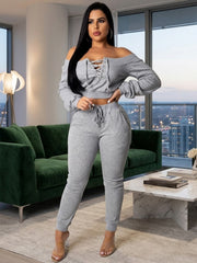 womens 2pcs sweatsuit set shoulder lace long sleeve crop top