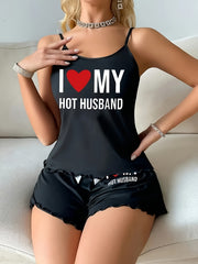 womens love hot husband print tank top shorts set black