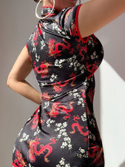 womens dragon floral print mini qipao dress short sleeve