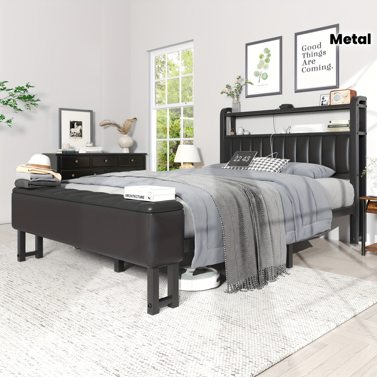 metal platform bed storage upholstered headboard