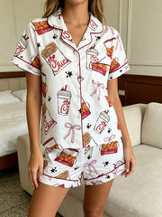 ladies sleepwear set featuring drinks bow print