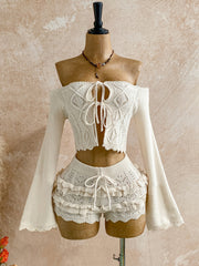 two piece womens fashionable shoulder tie front sweater