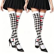 high ab sided heart checkerboard thigh high socks