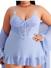 plus size womens nightwear light blue lace three piece
