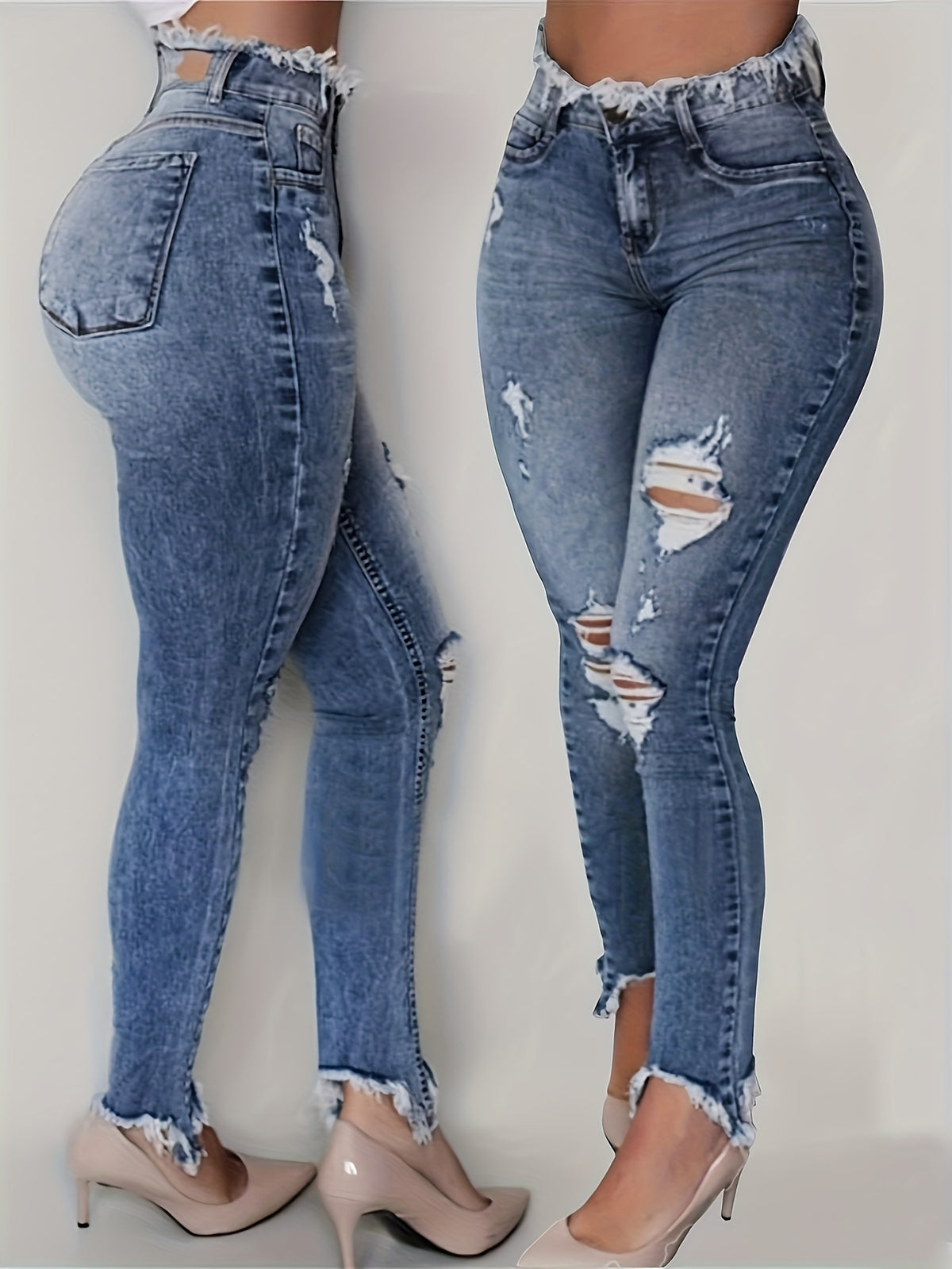 irregularly ripped jeans women style blue denim
