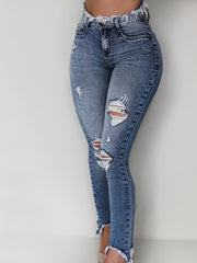 irregularly ripped jeans women style blue denim