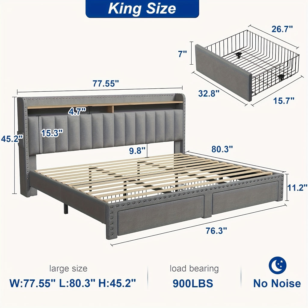 king size upholstered bed frame storage 2 tier headboard 2
