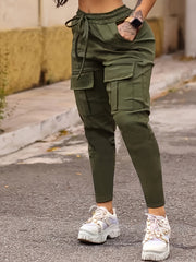 womens solid color covered pocket cargo joggers high stretch