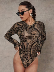 womens   mesh paisley   long sleeve bodysuit semi