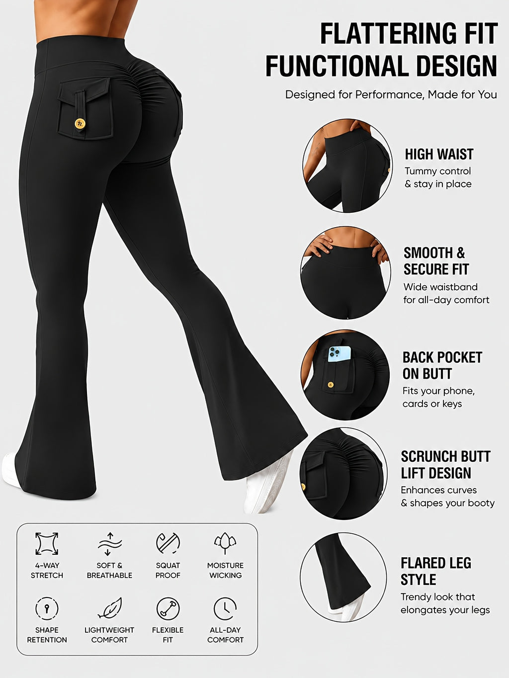 womens high stretch sporty flare yoga pants back waist