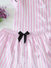 summer womens pajamas pink striped bow short sleeve shorts