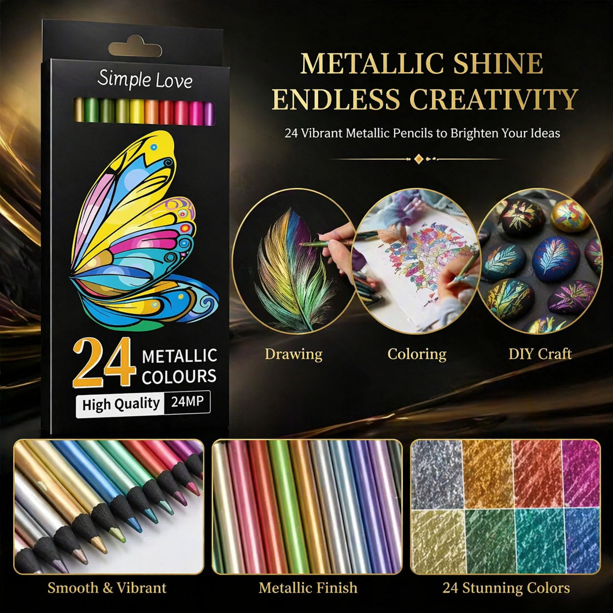24 colors metallic colored pencils set glossy shiny metal