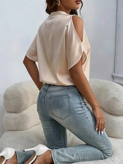 womens chic stand collar v neck cold shoulder short sleeve