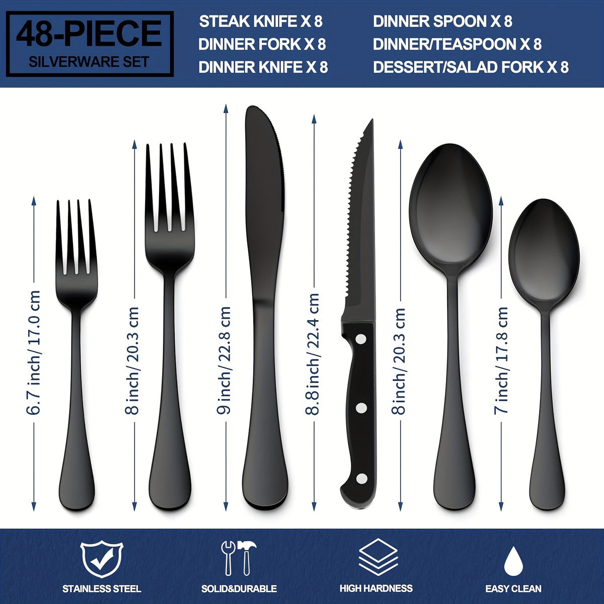 24 48pcs black silverware set steak knives service 4 8