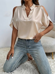 womens chic stand collar v neck cold shoulder short sleeve