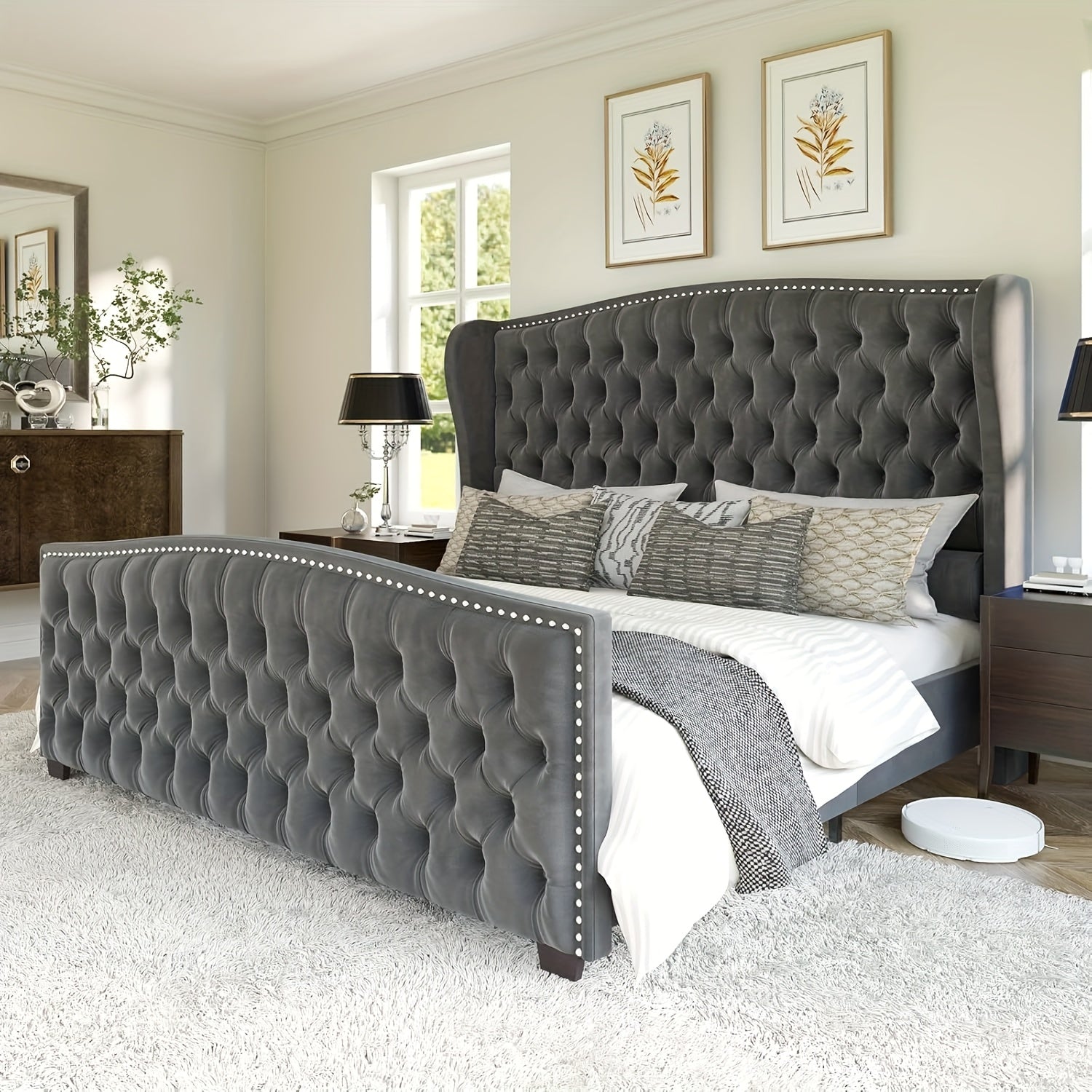 platform bed frame velvet upholstered bed deep button tufted