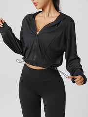 womens drawstring hem hooded athletic jacket casual short