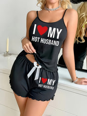 womens love hot husband print tank top shorts set black