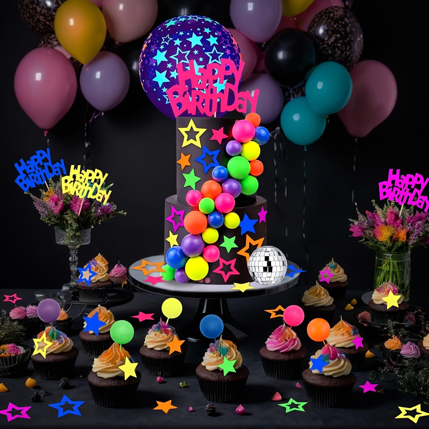 decorating set stars balloons happy birthday paper