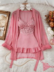 womens   3pcs sheer lace   set robe panty see