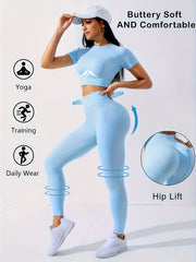 womens 2pcs workout set yoga top leggings crew neck medium