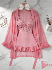womens   3pcs sheer lace   set robe panty see