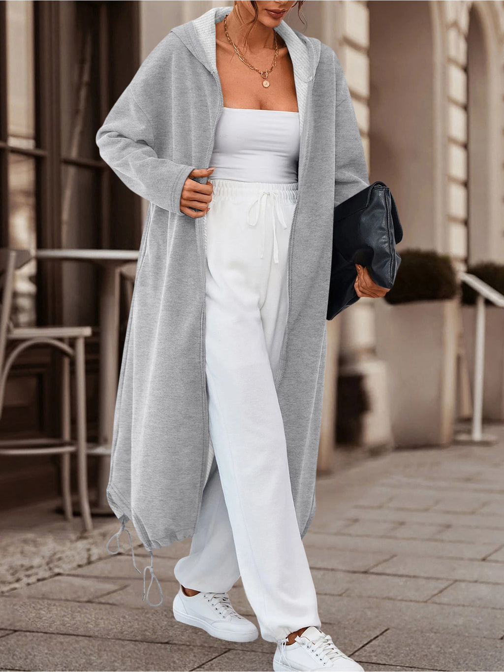 autumn winter womens slightly elastic long hooded zip coat