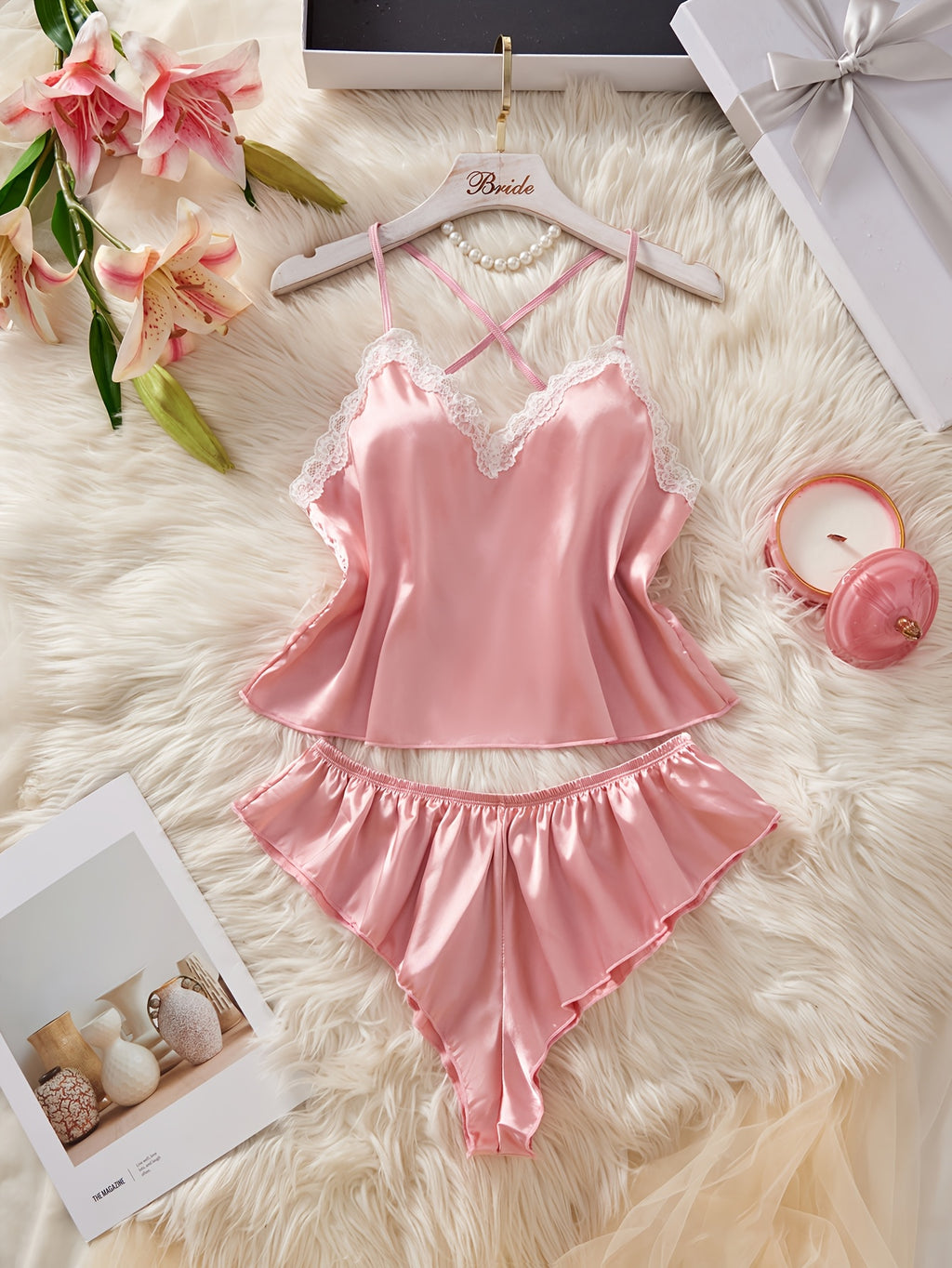 2pcs sets woman pajama sets women lace trim satin cami top