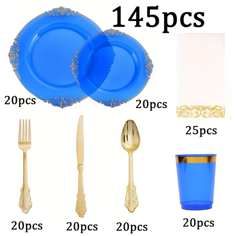 145pcs transparent blue disposable plastic tableware set
