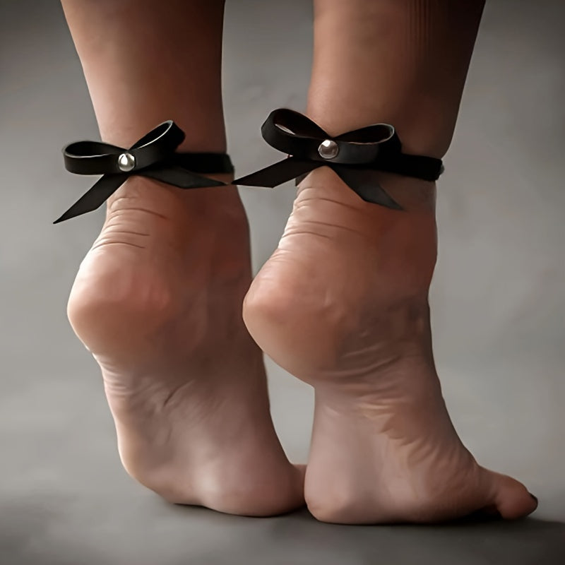 2pcs womens black pu bow anklet   adjustable
