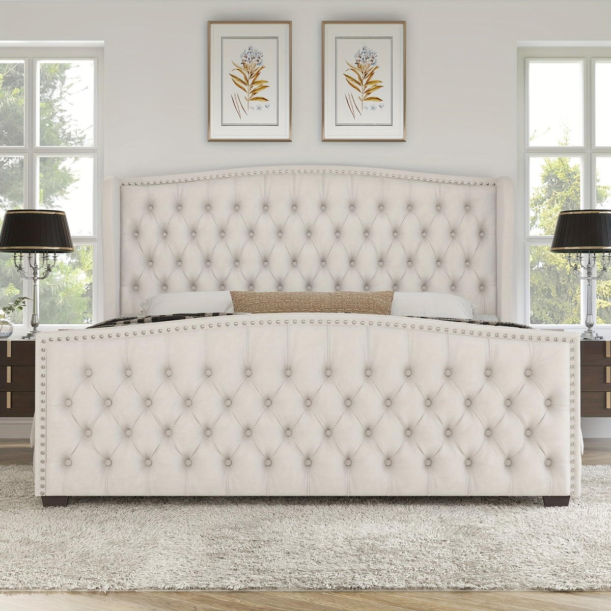 handcrafted velvet bed frame featuring a wingback headboard