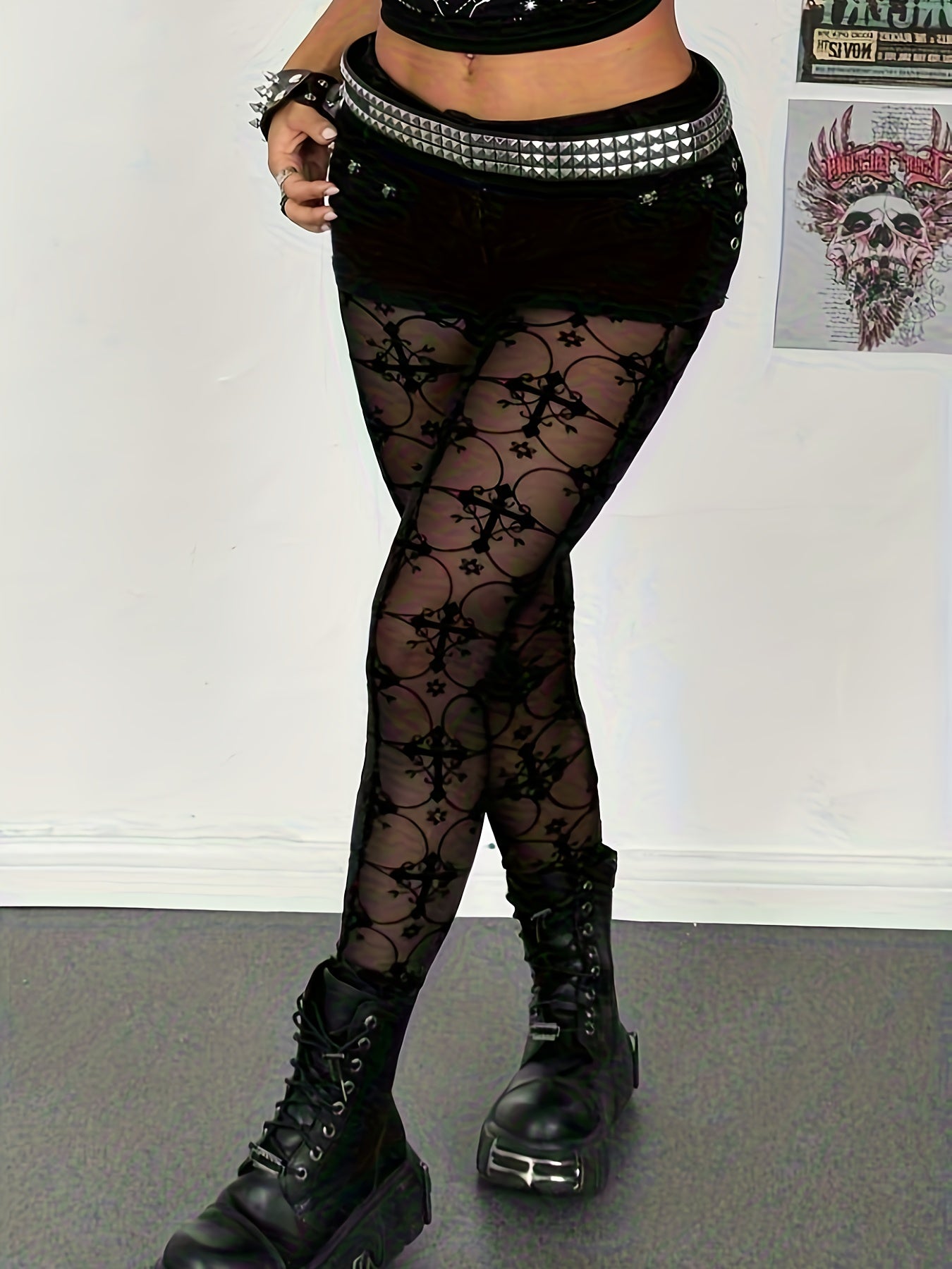 womens   shaped velvet mesh sheer leggings