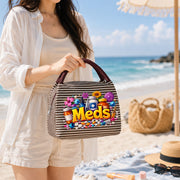 fun meds themed print womens handbag featuring a colorful